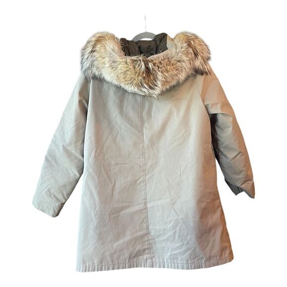 EDDIE BAUER DOWN Vintage Long Coat Jacket Parka w/Faux Fur Trim Hood Beige Sz 14 - Picture 2 of 14